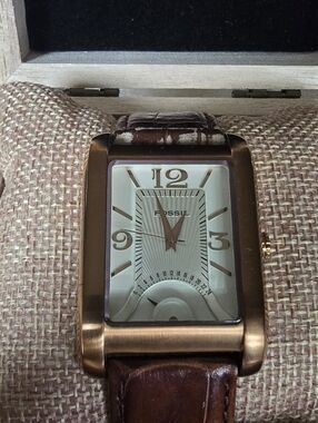 Fossil Rose Gold Tone Rectangular Watch with Brown Leather Strap